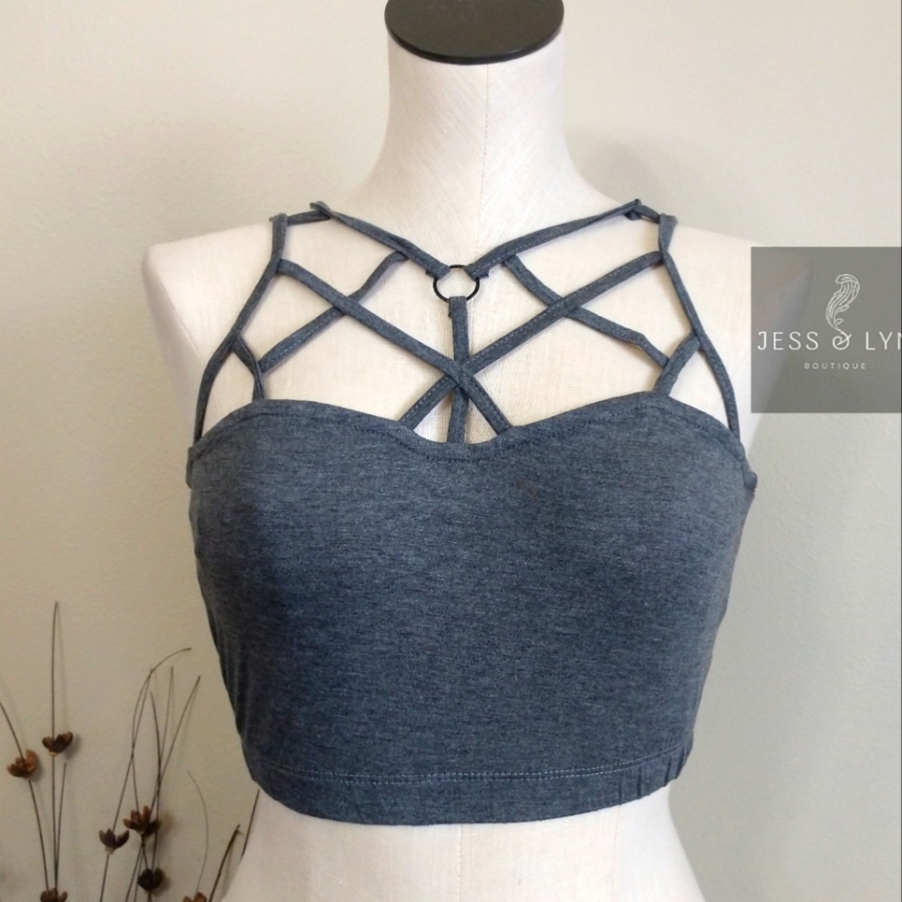 🆕Charcoal Gray Strappy Crop Top/Bralette with Metal Hoop Detail